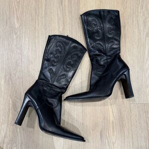 Vintage Black Western Leather Heeled Boots Square Pointed Toe